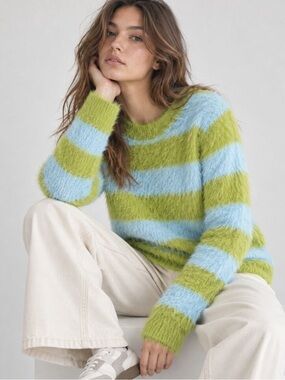 Compania Fanstastica fluffy fuzzy striped sweater womens L green blue